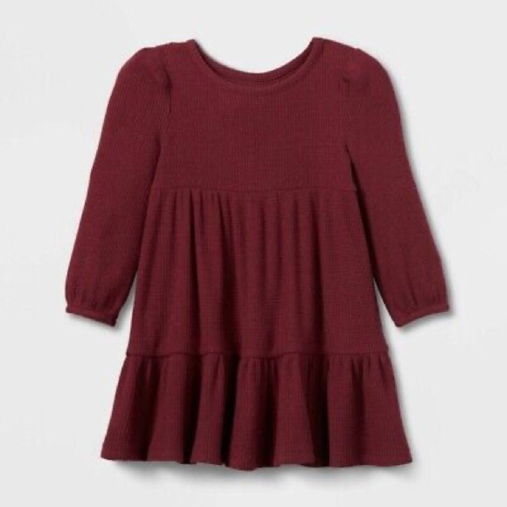 Cat & Jack Tiered Waffle Knit Long Sleeve Dress Burgundy Red Size 12 Months